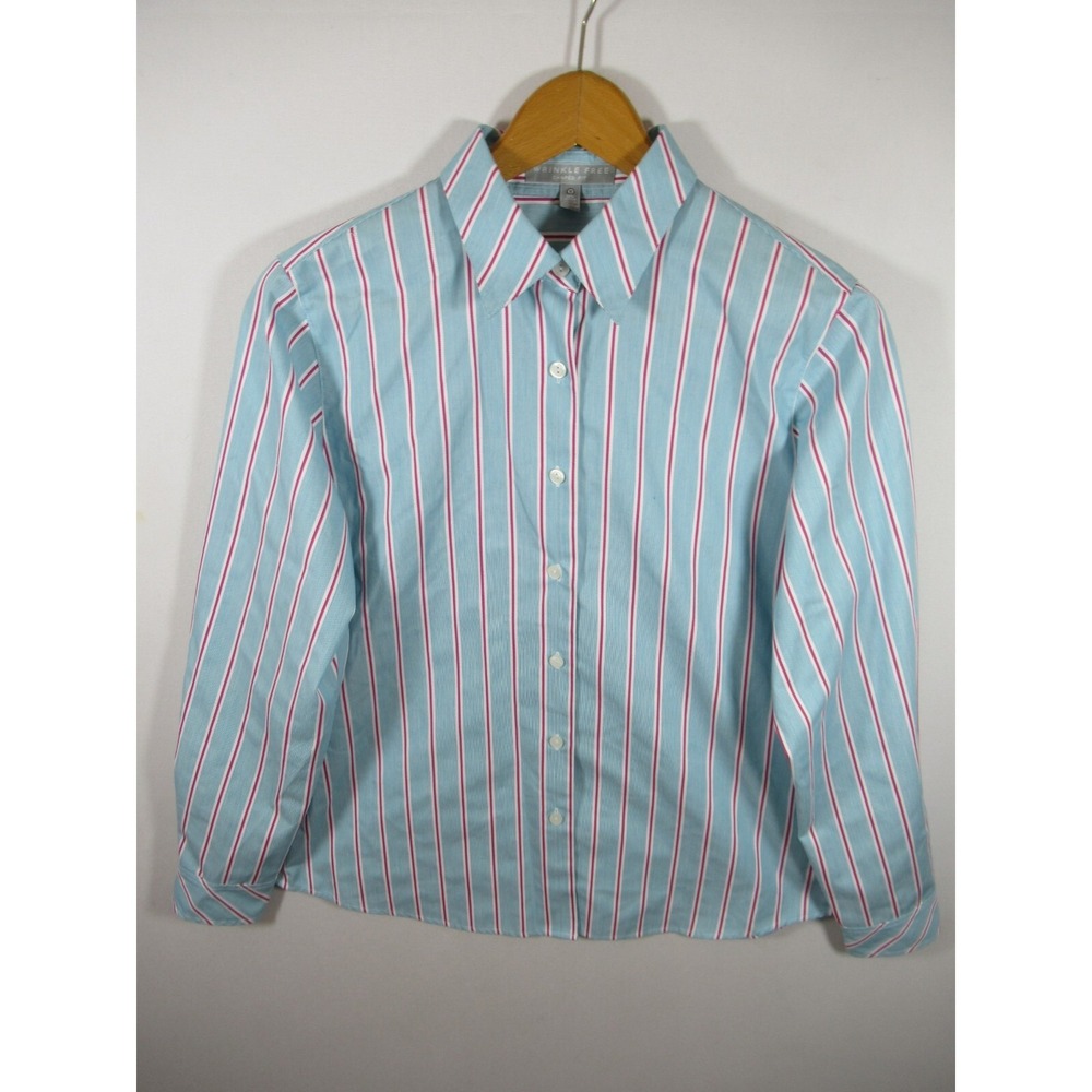 Foxcroft Wrinkle Free Button Up Shirt Women 8 Shaped Fit Striped Long Sleeve